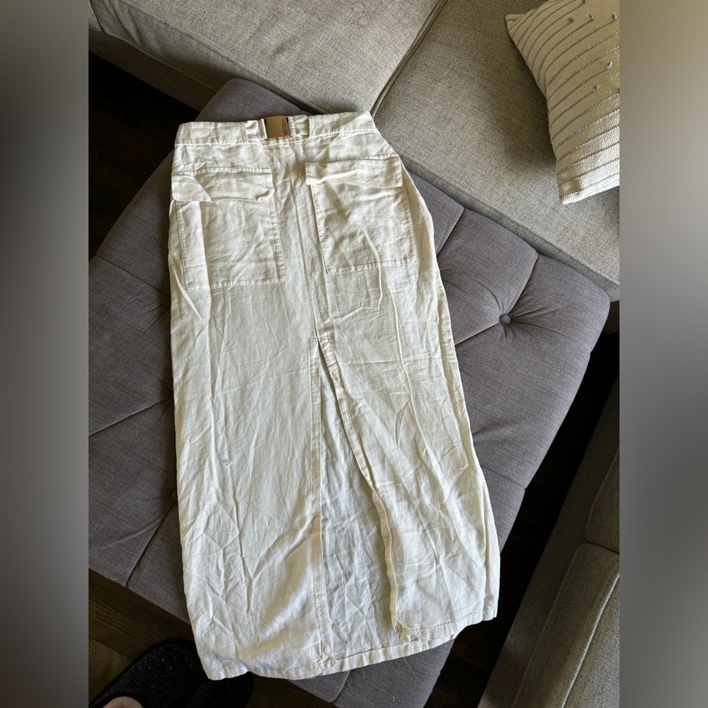 Zara Cream Maxi Linen-Blend Skirt with Front Slit